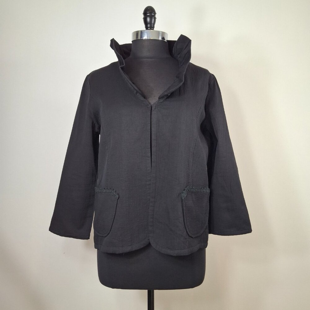 Natural Cotton Ruffle Flutter Neck Boxy Jacket Blazer Size M Smart Summer Indie